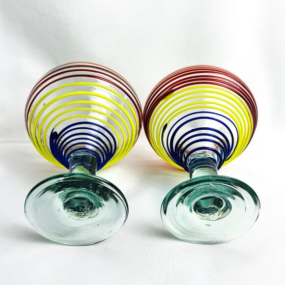 Mexican Hand-Blown Striped Margarita Glasses Heavy Large Barware 12 oz. Set of 2 - Picture 5 of 8